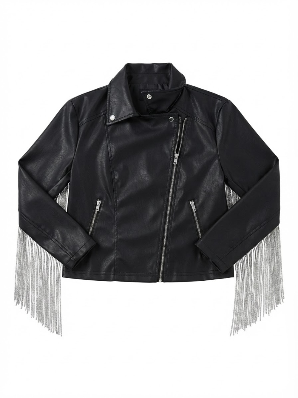 Chico's Black Faux Leather Moto Jacket with Silver Fringe